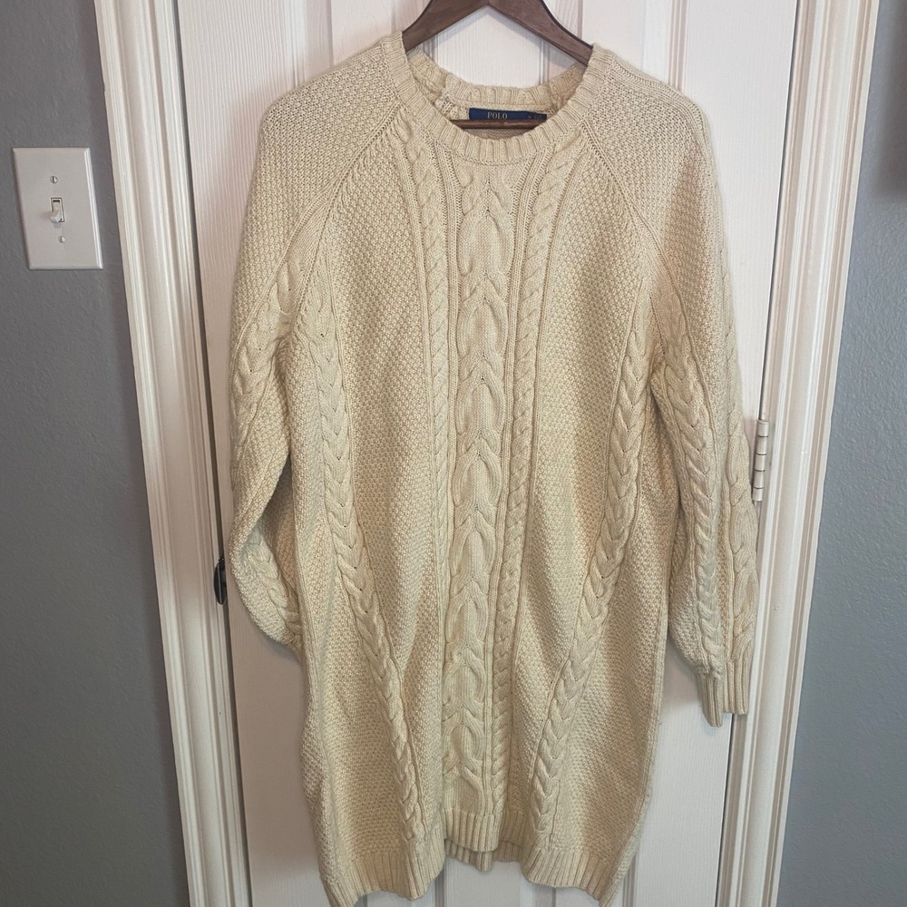 Polo Ralph Lauren Women XL Cream Cable Knit Sweater Dress Ivory Cotton Blend